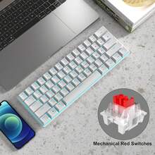 MageGee Star61 Mini Teclado Mecánico 60%, 61 Teclas Teclado de Juego Compacto con Retroiluminación LED, Teclado Multidispositivo Pequeño, Teclado Portátil con Retroiluminación, Adecuado para Portátil, Escritorio, Computadora, PC, Interruptor Blanco/Interruptor Rojo - Blanco - Ver 3