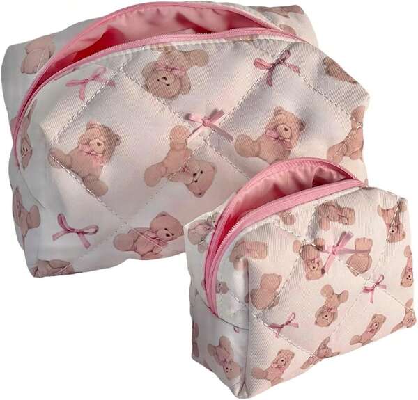Teddy Bow Makeup Bag Set Of 2, Cotton Quilted Bear Makeup Bags With Satin Pink Bows, Cute Girly Toiletry Pouch Set, Small Bag For Purse, Coquette Accessories, Aesthetic Gift Set For Women Teen Girls
