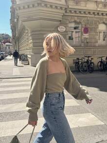 Senya 2026 Women's 2 Pieces Knit Set, Bandeau Top With Front-Open Loose Cardigan, Long Sleeve Y2K Fashion Casual Autumn/Winter Outfit - Olive Green - View 7