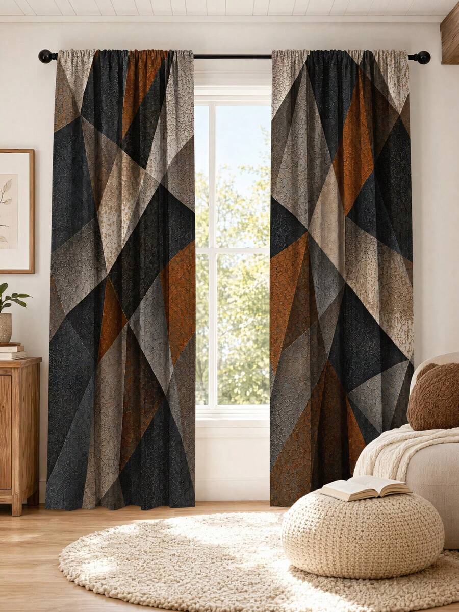2pcs Vintage Abstract Textured Geometric Print Decorative Curtains, Rod Pocket Design, Easy Installation And Removable, Polyester Material, Suitable For Living Room, Bedroom And Modern Home Decor. - Multicolor - View 1