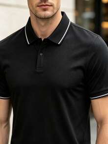 男士條紋領 Polo 衫，舒適透氣短袖休閒高爾夫 T 恤，適合日常穿著 - 黑色 - 查看 6