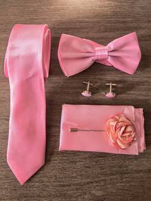 5pcs Groom & Groomsmen Tie Set, Light Pink, Includes Tie, Bow Tie, Pocket Square, Boutonniere, Cufflinks, INS Style - Baby Pink - View 4