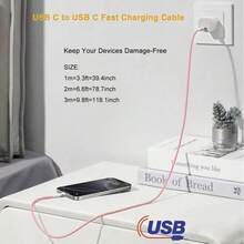 3.3/6.6/10ft USB-C To Type-C Fast Charging Cable, Nylon Braided Charging Data Cord Compatible With IPhone 17/16/15, Android Phones, Suitable For Indoor/Outdoor/Travel And Car Use, Support Fast Charging - 淺粉色 - 查看 2