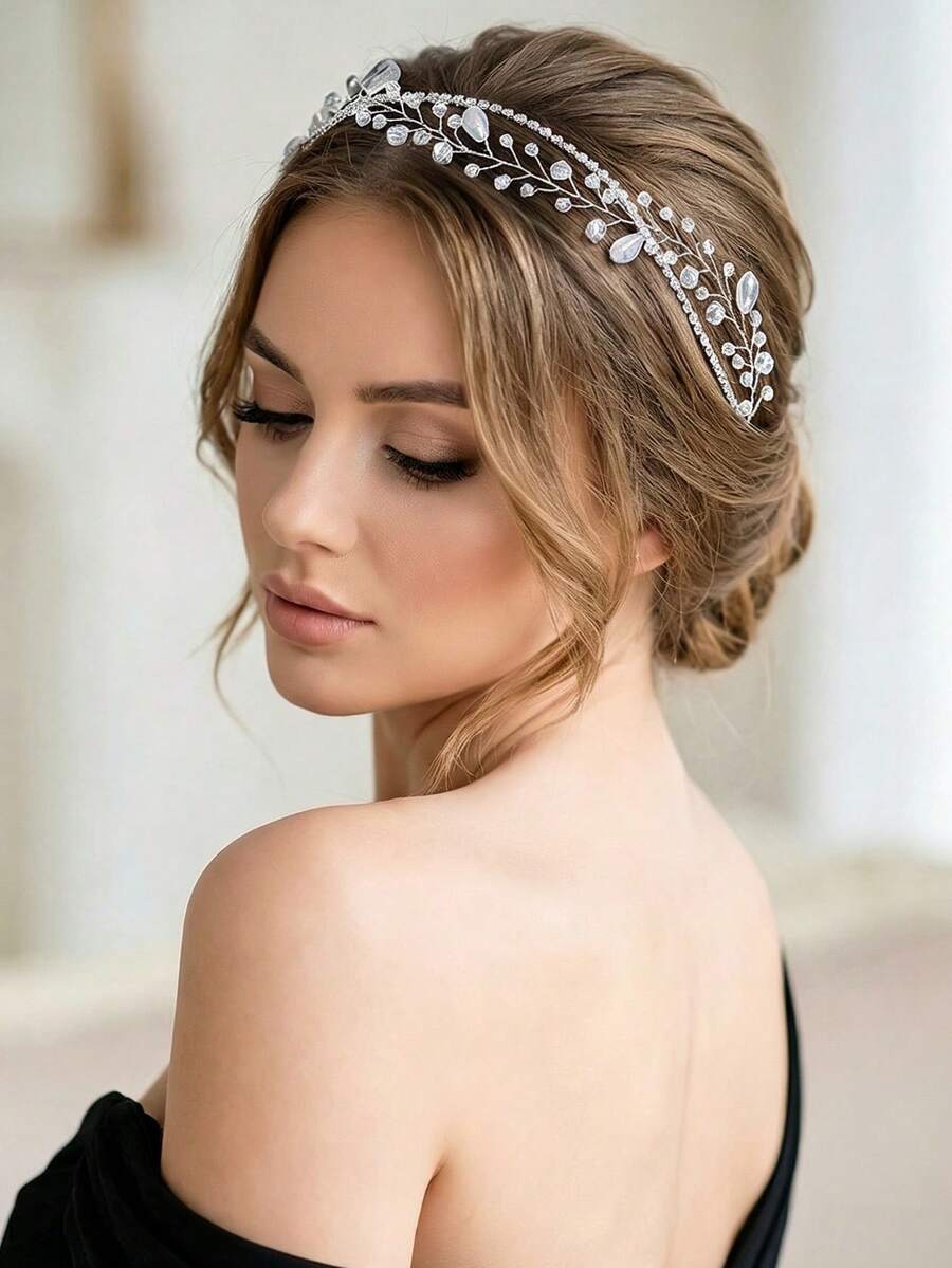 Handmade Crystal Rhinestone Decorated Bridal Headband, Suitable As Elegant Hair Accessory For Wedding, Party, Performance - Silver - View 1