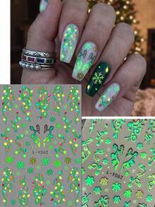 QIANJIKU 4 Peças Adesivos de Arte de Unhas 3D que Brilham no Escuro, Padrões Fluorescentes de Flocos de Neve de Inverno e Luzes de Natal, Estilo Quente e Sonhador, Festival de Música de Outono/Inverno, Baile de Formatura, Festa de Casamento, Suprimentos para Artista de Unhas - Multicolorido - Visão 6