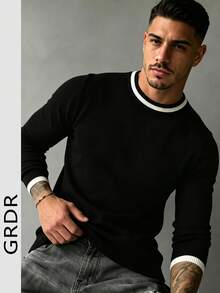 GRDR Men's New Contrast Color Crew Neck Knitted Long Sleeve Top - Versatile Daily Commute Outfit - Black - View 3