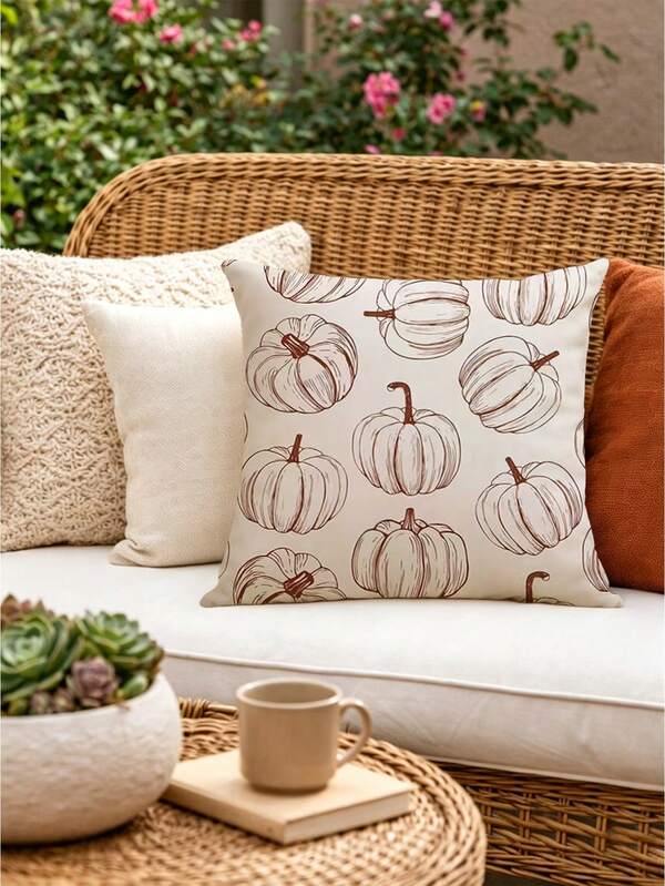 1/2/4pcs Autumn Harvest Pumpkin Print Decorative Pillow Covers, Vintage Line Pumpkin Autumn Decor Cushion Covers, Suitable For Thanksgiving, Country Farmhouse Sofa, Porch, Living Room, Pastoral Style Home Decor