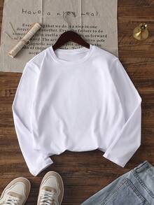 1pc Tween Boys Pure White Blank Crew Neck Long Sleeve T-Shirt, DIY Hand Painting Heat Transfer Printing, Spring Autumn Base Layer Plain Top - White - View 2