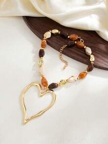 1pc Bohemian Style Geometric Exaggerated Asymmetric Color-Block Resin Faux Pearl Beaded Metal Large Heart Pendant Charm Jewelry Necklace, Elegant Luxury, Wedding Banquet, Vacation Party, Daily Casual, Street Photography, Women Couple Holiday Birthday Versatile Necklace Gift - Necklace - View 11