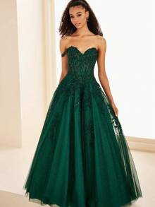 Elegant A-Line Off-Shoulder Tulle Women's Gown For Wedding Prom Formal Evening - Pink - View 5