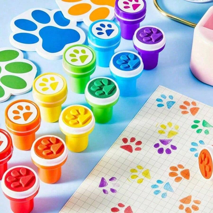 3/6/12/24pcs Dog Paw Print Stamp Set - Self-Inking, Colorful Mini Stamps For Teachers, Classroom Activities & Party Favors - Multicolor - View 1