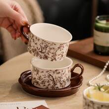 1 Set 250ml Ceramic Rose Coffee Cup With Tray, Vintage Brown Floral Tea Cup Set, Suitable For Home Kitchen Wedding Gift - Coffee Brown - View 1