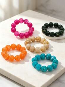 1pc Colorful Stackable Exaggerated Beaded Bracelet, Marble Pattern Glossy Resin Beads Stretch Extra Large Bold Chunky Statement Set Bohemian Multicolor - Statement Beaded Bracelet - View 2