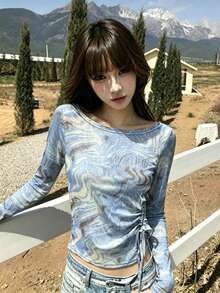 1 buah Kaos Lengan Panjang Jala Bermotif untuk Wanita, Cocok untuk Pakaian Kasual Musim Gugur, Atasan Tipis Pas Badan dengan Desain Asimetris dan Detail Kerut di Samping - Biru - View 2