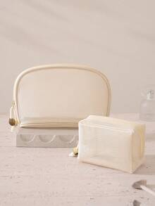 1/3pcs Large Capacity Macaron Color Mesh Makeup Bag, Fresh Style, Premium Quality, Beige Multifunctional Mesh Storage Bag; Portable Zipper Pouch/Travel Toiletry Bag, Suitable For Home Or Office, Also An Excellent Gift For Friends; Bohemian Style, Can Also Be Used As Swimming Beach Bag - Beige - View 7