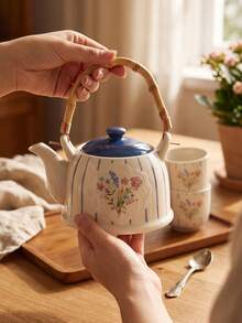 DearDali 1 Set Modern Minimalist Striped Floral Ceramic Teapot Set, Home Tea Cups, Teapot With Tray, Gift Box Packaging, Suitable For Afternoon Tea, Family Gathering, Living Room Decoration, Friend Gift - Multicolor - View 8