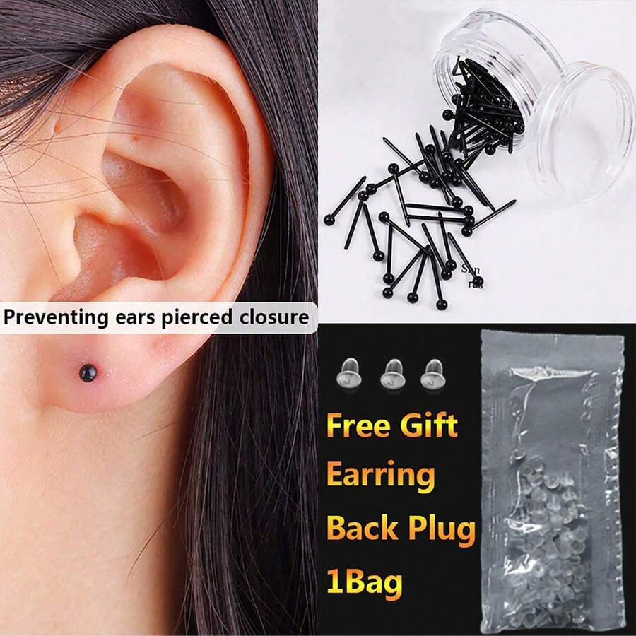 1 Box 30Pcs Hypoallergenic Black Plastic Post Ear Sticks, 15mm Invisible Ear Bars, Unisex Daily Piercing Earrings For Men Women - Black - View 1