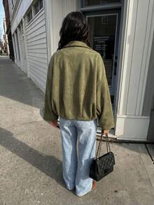 Women's Faux Leather Decorated Collar Shoulder Jacket, Loose Fit, Hidden Button Design, Relaxed Hem, Casual Outerwear - Army Green - View 2