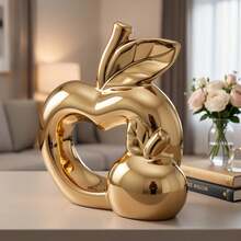 1pc Luxury Metallic Ceramic Hollow Heart Apple Statue Ornament, Ceramic Material, Glossy Surface, Luxury Home Decor, Creative Apple Design, Living Room Desktop Entryway Decoration Small Ornament - A - View 4
