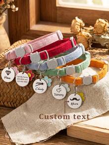 Personalized Soft Corduroy Pet Collar With Sounding Bell And Flower Pendant, Adjustable Buckle Cat Collar, Small Dog ID Tag With Customizable Name Phone Number, Engraved Stainless Steel Pet ID Name Pendants - Multicolor - View 1