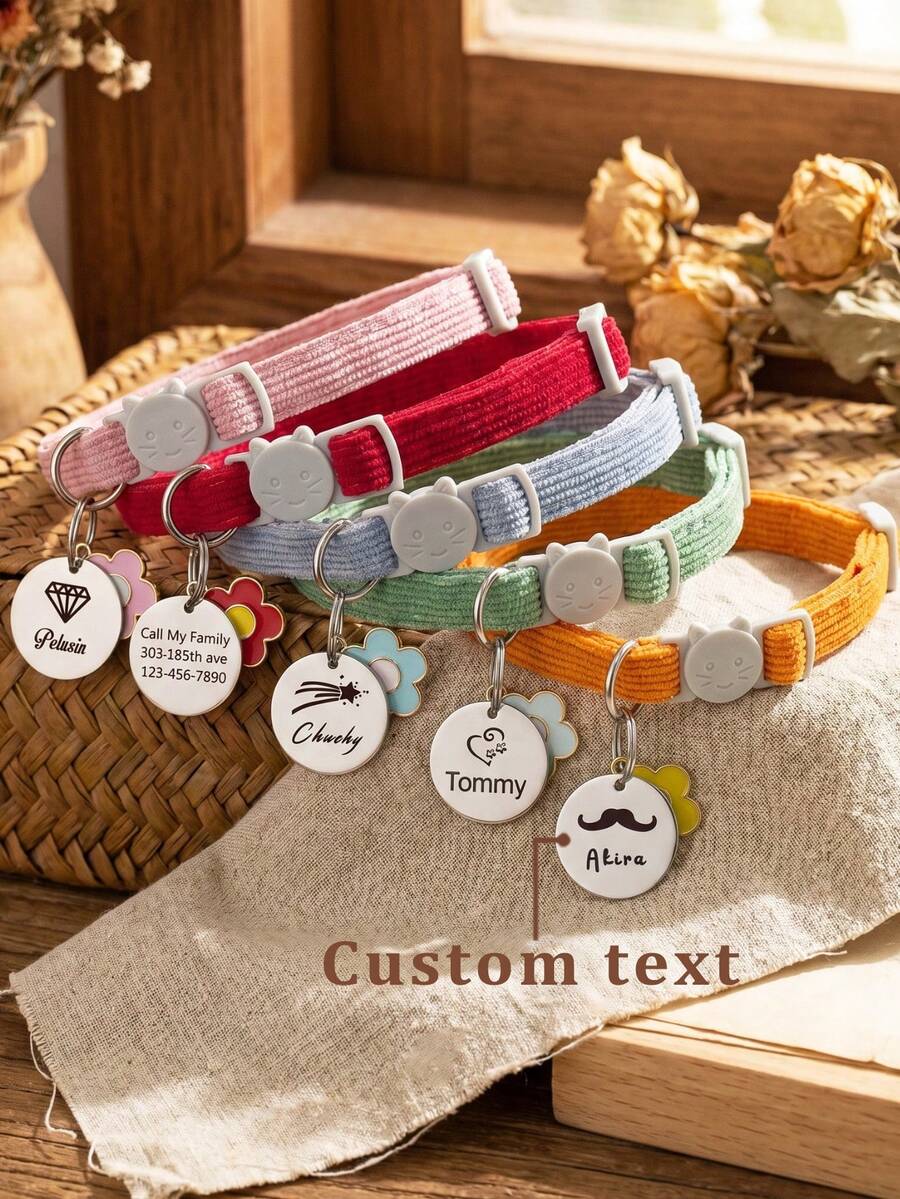 Personalized Soft Corduroy Pet Collar With Sounding Bell And Flower Pendant, Adjustable Buckle Cat Collar, Small Dog ID Tag With Customizable Name Phone Number, Engraved Stainless Steel Pet ID Name Pendants - Multicolor - View 1