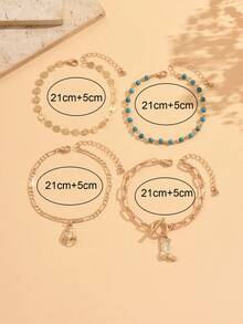 4pcs/Set Western Cowboy Style Pendant Anklet Fashion Popular Sequin Chain Turquoise Decor Gold Color Women's Foot Jewelry Suitable For Daily Wear, Summer Vacation, Date, Party, Music Festival - Multicolor - View 4