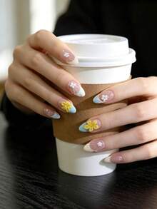 10pcs/Set Macaron Gradient Blue Almond Short Handmade Press On Nails 3D White Yellow Flower & Seashell Texture False Nail French Tips With Pearl Decor For Summer Party Daily Manicure - Baby Blue - View 3