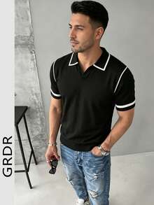 GRDR Men's New Striped Casual Knit Polo Shirt T-Shirt Short Sleeve Top - Black - View 5