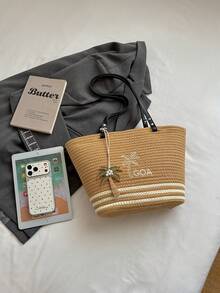 Borsa tote in paglia da donna, ricamo di alberi di cocco con ciondolo di perline, borsa a spalla casual estiva da spiaggia - Cachi - Visualizzare 7
