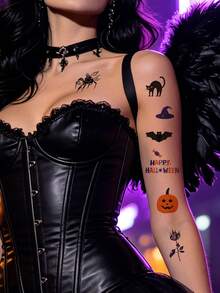 4pcs Purple Gothic Halloween Temporary Tattoo Sticker Set, Scary Witch, Skull, Bat & Crystal Tattoo Stickers, Waterproof Temporary Tattoos For Halloween Party & Cosplay - Multicolor - View 4