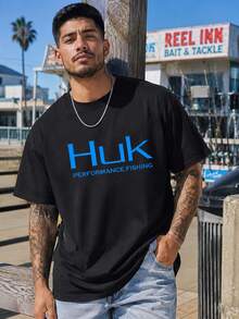 Men's Plus Size Style Black Performance Fishing Graphic Tee, Blue Letter Print Outdoor Sport T-Shirt For Fishermen & Gifts, USA Fast Shipping - 黑色 - 查看 1