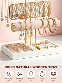 5 Tier Bracelet Holder Display - Detachable T Bar Velvet Bracelet Holder, Multi-Layer Jewelry Display Stand With Necklace Holder And Ring Organizer, Large Capacity Earring Rack For Home Decor Jewelry Storage, Jewelry Holder Organizer, Gift Idea - Gold - View 3
