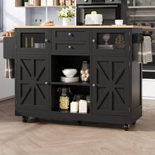 Kitchen Island With Worktop, Buffet With Shelves And Drawers - Black - Black - View 1