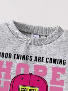 Tween Girl Cartoon Pattern Round Neck Long Sleeve Sweatshirt And Flared Pants Casual Daily Outfit Set - Grey - View 3