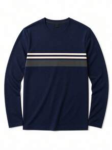 Kaos Lengan Panjang Pria Warna Biru Tua dengan Motif Garis Horizontal Tiga Warna Cokelat Muda & Abu-abu | Potongan Longgar, Nyaman, Kasual, dan Serbaguna - Navy Blue - View 6