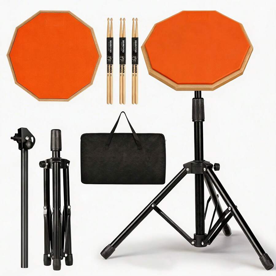 Drum Practice Pad Snare Drum Stand Set 12 Inch Silent Drum Pad, Drum Sticks,Carrying Bag Adjustable Stand - Orange - View 1