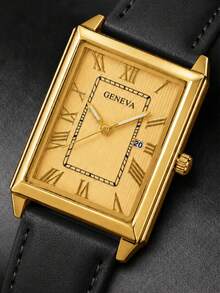 1PC Men's Classic Vintage Gold Rectangular Quartz Wrist Watch, Roman Numeral Dial With Date Display, Black PU Leather Strap Fashion Casual Men's Watch, Birthday Father's Day Christmas Gift - Black Gold - View 3
