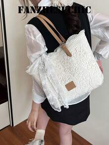 Hollow Floral Lace White Tote Bag Soft Fabric Lining Bow Accessory Small Brand Tag Lightweight Large Storage Shoulder Bag For Campus Travel - White - View 5