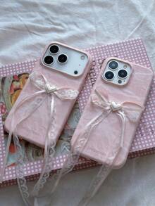 1pc INS Cute Cream Color Satin Silk Marble Bow Phone Case, Suitable For IPhone 17 Pro Max AIR 16 15 13 14 12 11 Pro Max Plus, Minimalist Cute Girl Soft Shell - Pink - View 2