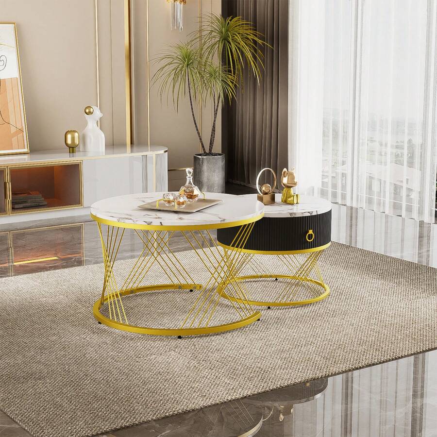 Set Of 2 Elegant Modular Coffee Table Set – Table With Drawers – Black And Gold - 白色 - 查看 1