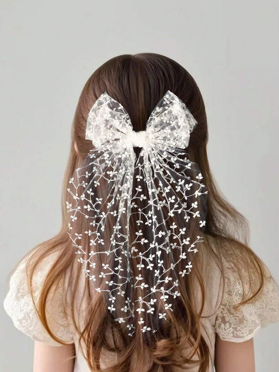 1件女孩白色蕾絲刺繡可愛優雅長尾蝴蝶結面紗髮夾,女孩裝飾性髮飾 - 彩色 - 查看 1