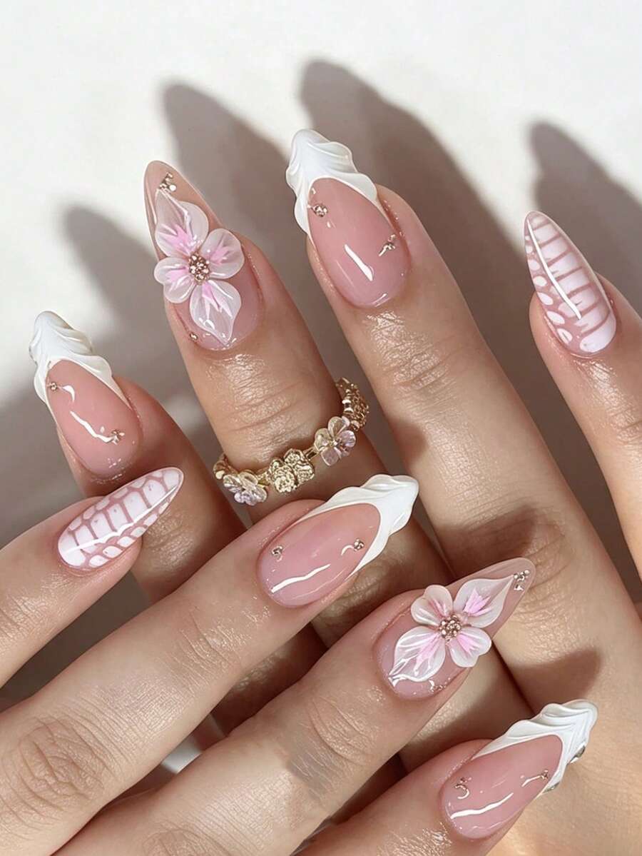24pcs Almond Shaped Elegant Cool 3D Gel Pink Cute Flower Gradient Shiny Rhinestone Tortoise Shell Striped French Glossy Bright White-Enhancing Fake Nails Fashion Versatile Wearable Nails Suitable For Dating Party Spring Summer Women And Girls Autumn Winter Daily Wear Removable Press-On Nail Set With Jelly Glue And Nail File Easy To Wear And Durable Jelly Glue Randomly Sent - Baby Pink - View 1