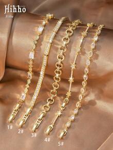 Hihho 1pc Full Rhinestone Tennis Chain / Round Hoop Chain / Star Thin Chain CZ 5 Styles Optional Commute & Date Dual-Use Bracelet - Gold - View 1
