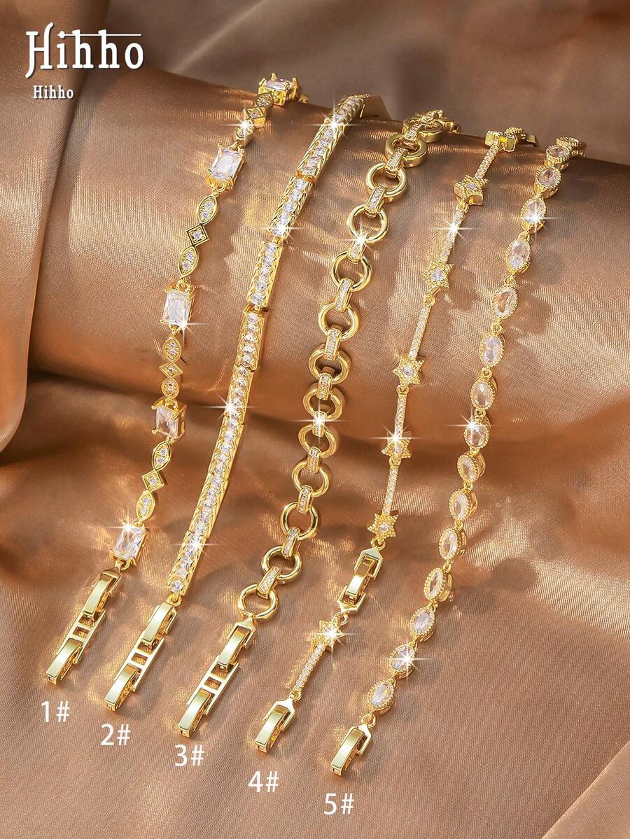 Hihho 1pc Full Rhinestone Tennis Chain / Round Hoop Chain / Star Thin Chain CZ 5 Styles Optional Commute & Date Dual-Use Bracelet - Gold - View 1