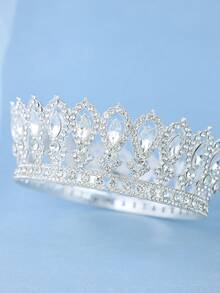 1pc Vintage Elegant Royal Full Rhinestone Palace Crown, Bohemian Castle Luxury Bridal Wedding Headpiece Accessory - Silver - View 5