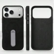 VIETAO 支援無線充電磁吸手機殼，相容 iPhone 15 16 17 Pro Max Air，翻毛仿皮 360 度隱藏支架手機保護殼 - 黑色 - 查看 5