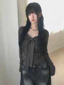 Spring/Autumn Casual Bowknot Long Sleeve T-Shirt - Grey - View 2