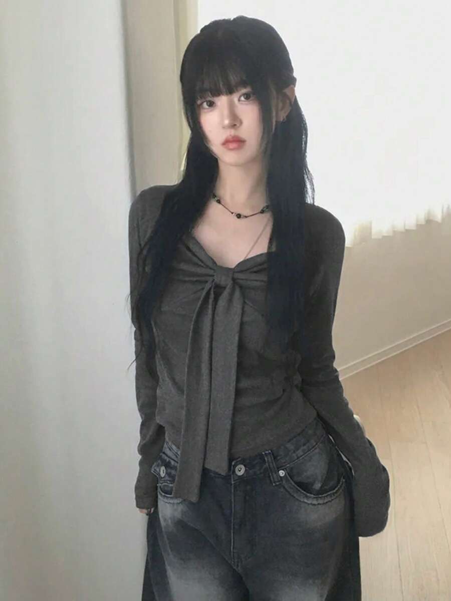 Spring/Autumn Casual Bowknot Long Sleeve T-Shirt