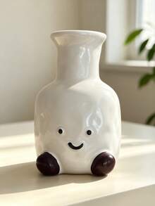 1pc Cream White Soothing Soft Cute Smiling Face Brown Feet Resin Vase, Cream White Glossy Hammered Texture Long Neck Vase, Suitable For Windowsill, Desktop, Bookshelf, Dining Table Centerpiece Decoration, Living Room Bedroom Home Decor, Can Hold Dried Flowers And Fresh Flowers - New Model - View 12