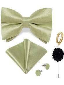 5Pcs Mint Green Men Accessory Set, Bow Tie Pocket Square Cufflinks Brooch Detachable Ring,Random Cufflink Patterns,Accessories For Wedding - Mint Green - View 1